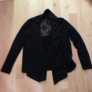 Open Front Drape Cardigan. Lace back accent.